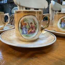 Vintage Set of 4 Japanese Orange Lusterware Demitasse Cups & Saucers