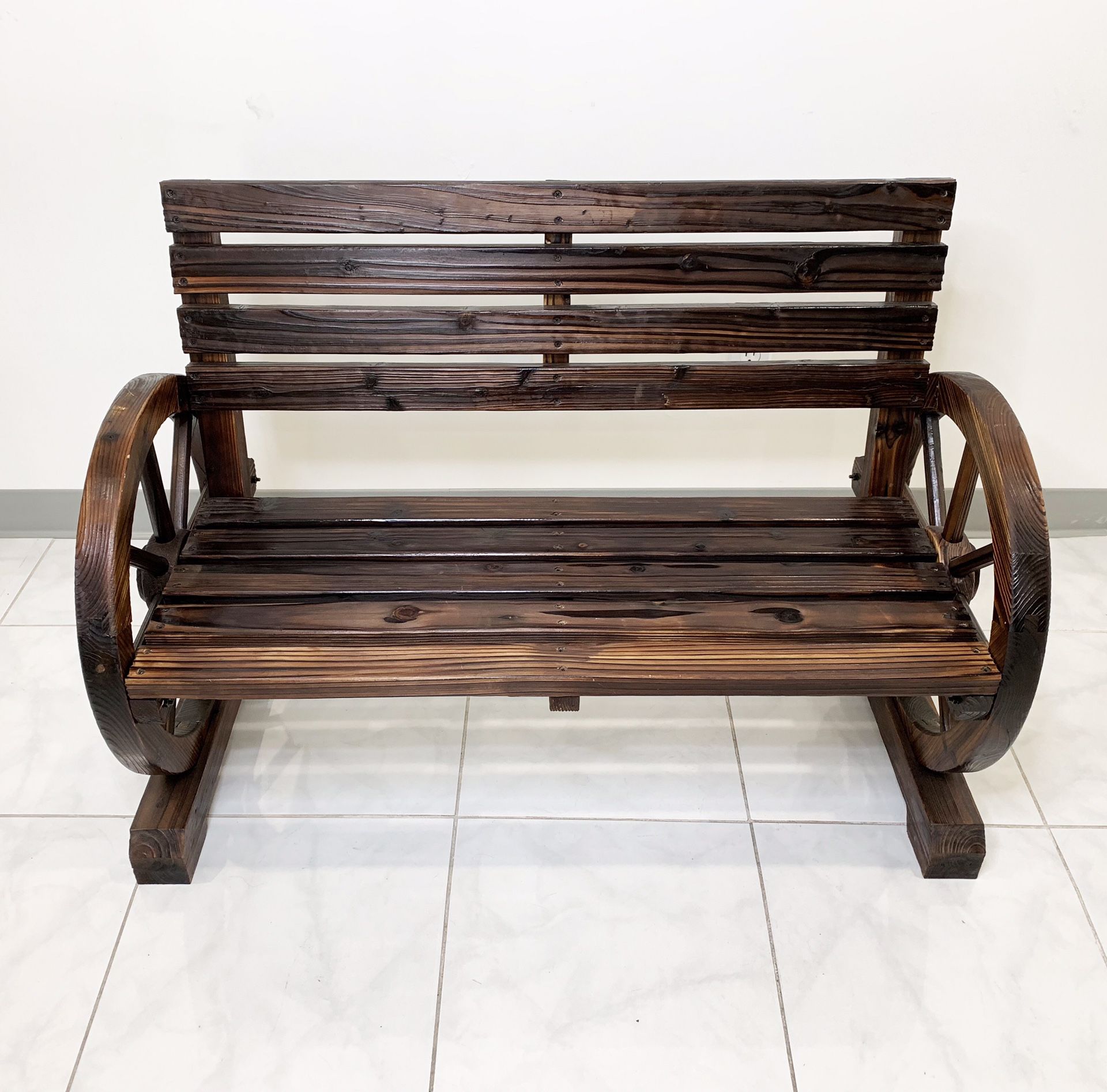 $100 New In Box Solid Wood 41” Wide Patio Wooden Bench Rustic Wagon Wheels Outdoor Garden 41x20x30 Inches