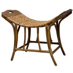 Vintage Wicker Bamboo Curved Bench  Rustic Bench