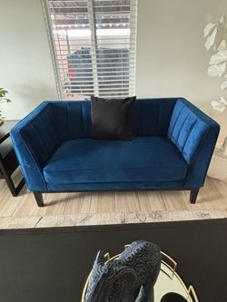 Blue Velvet Channel Tufted Loveseat