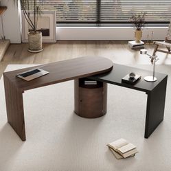 57” Modern Minimalist Designer L-Shaped Rotating Desk w/ Storage Cabinet [NEW IN BOX] **Retails for $400