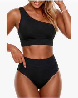 Holipick Women One Shoulder High Waisted Bikini 2 Piece Swimsuit Black M