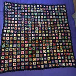 Handmade Crochet Vntg Granny Square Afghan Blanket Throw Black