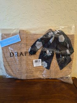 Draper James Women’s Beige Tote Bag Bow Accent Double Handles Beach w/ Card