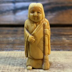 Antique Hand Carved Bone Old Woman With Broom Figure