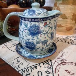 Vintage Oriental Ceramic Tea Diffuser Pot With Saucer 