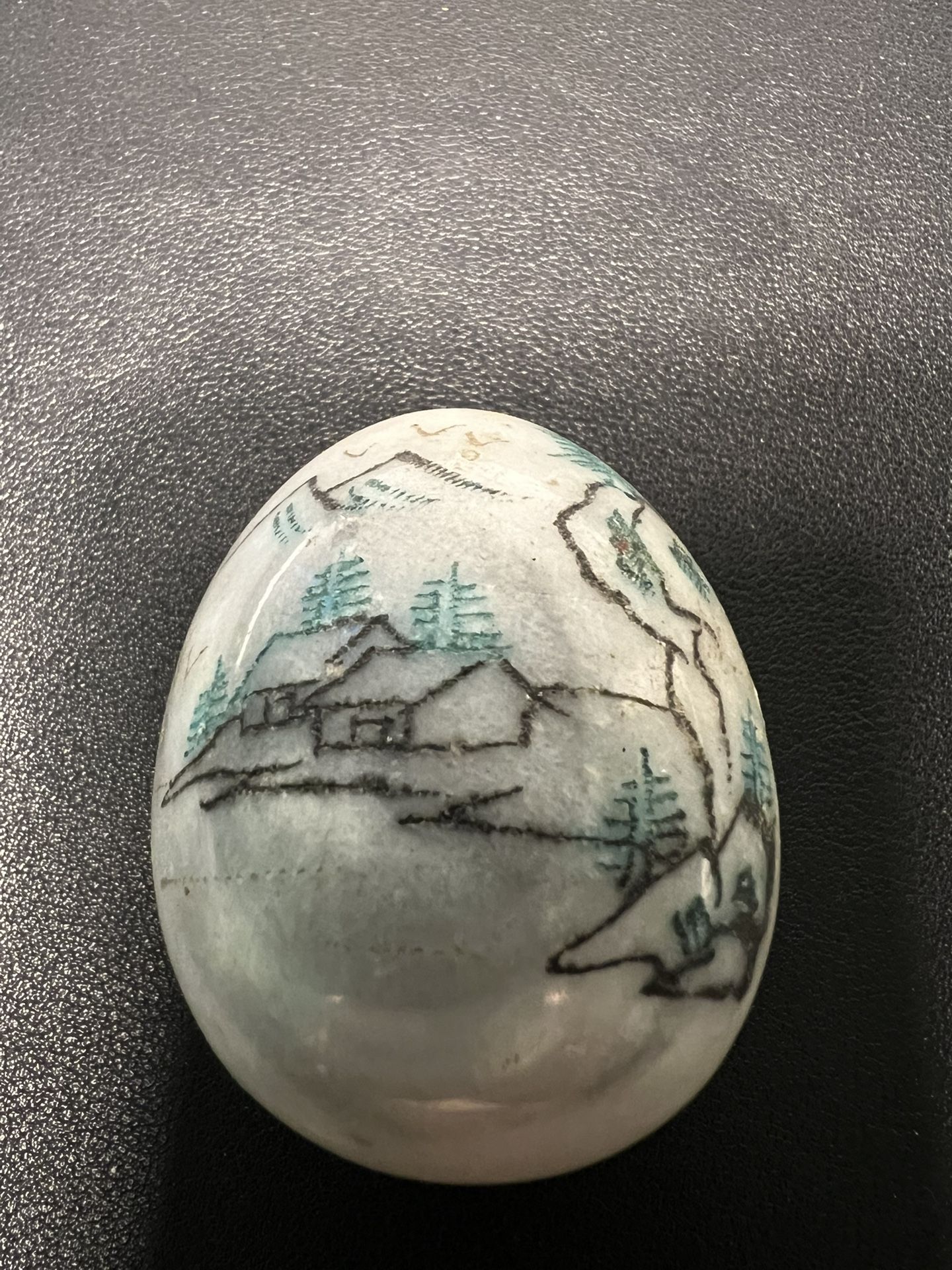 Vintage 1980s Marble Asian Forest Mountain Village Etched Painted Alabaster Egg