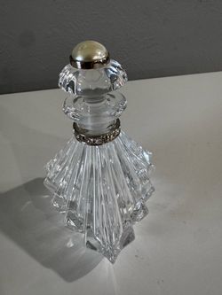Vintage Czech Republic Crystal Perfume Bottle Fan Shape Rhinestone Faux Pearl 4.5