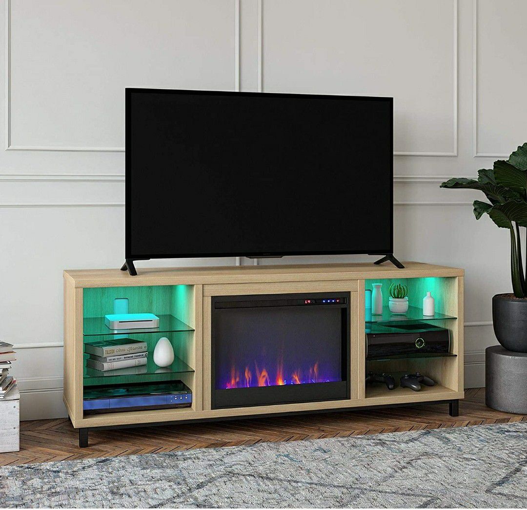 Light Oak Fireplace TV Stand for TVs up to 70 inches with Open Shelves