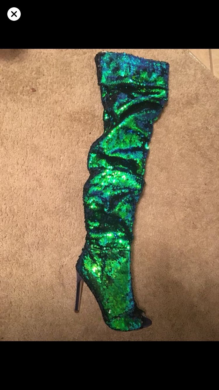Peektoe thigh high sequin boots