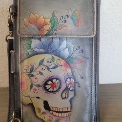 ANUSCHKA  Wallet W/ Cell Phone Pocket Crossbody-Calaveras De Azucar SKULLS READ