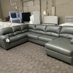 Grey Leather Sectional 