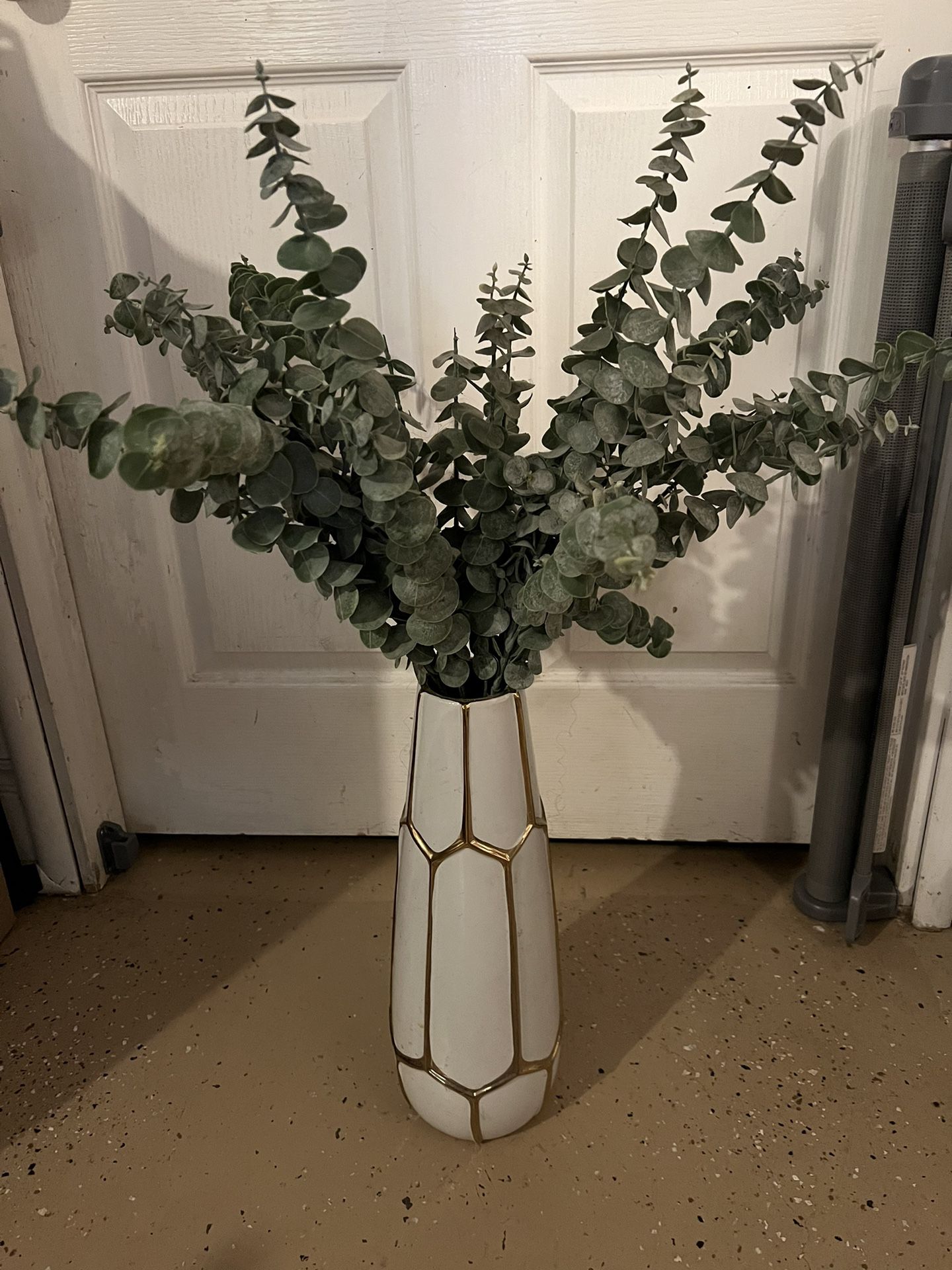 Fake Eucalyptus Plant With White And Gold Vase