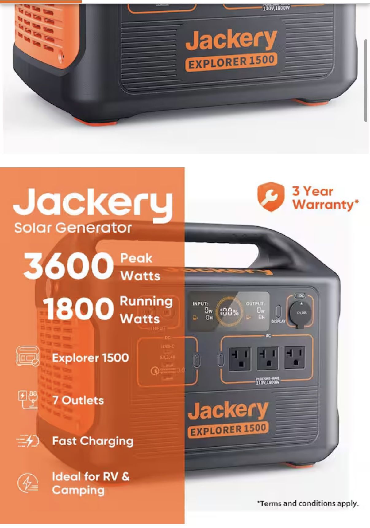 Jackery 1800 Watt Output/3600W Peak Portable Solar Power Station Explorer 1500 Push Start Battery Generator for Outdoors/Camping