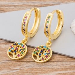 Gold Tree Of Life Earrings For Women Colorful Shining Crystal Geometric