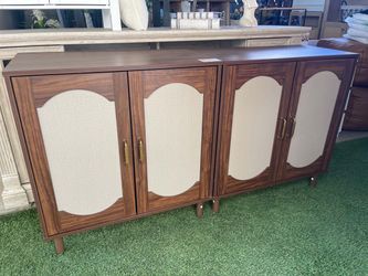 4-Door Wood Sideboard Cabinet with Linen Panels