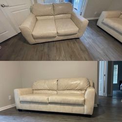 Two-seater sofa set and three-seater sofa, beige/champagne color, durable leather fabric (Like new condition, reason for selling: moving).