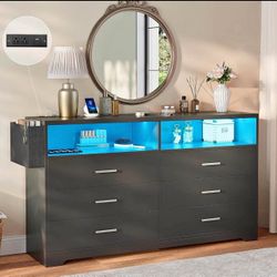 6 Drawer Dresser with Charging Station and LED Lights, Chest of Drawers with Open Storage Cubby, 55"
