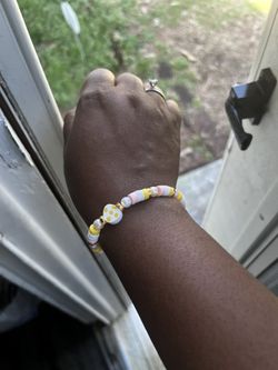 Handmade Yellow & White Beaded Bracelet with Easter Egg Charm