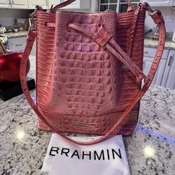 NWT Brahmin Marlowe Pink Punch Melbourne Genuine Leather Bucket Bag $325