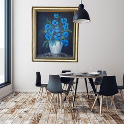 Nice Large Blue Oil On Canvas 1960's Painting Signed With Original Frame