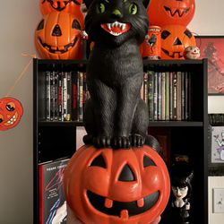 Vintage Repro Halloween Blow Mold Black Cat On Pumpkin