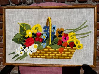 Vintage 1970s Finished Crewel Embroidery Art – Framed Wildflower & Strawberry Harvest Basket