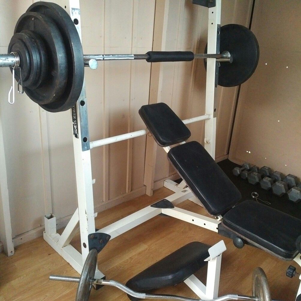 Weight bench press multiple positions, leg extension, weights, bar, total 300lb. $250 firm