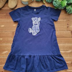SIZE 7-8 GIRLS NAVY BLUE GINGHAM BEAR DROP-WAIST LONG TUNIC