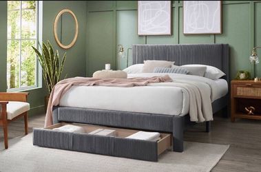 Queen bed with roll-out drawer dark grey, grey and light pink