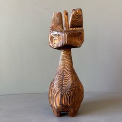 Tall Cat Mid-century Modern Wood Carving Sculpture