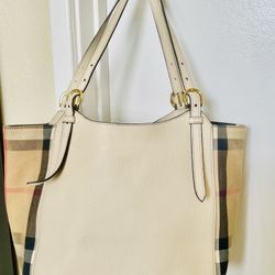 Burberry The Small Canter in Leather and House Check Tote - Limestone