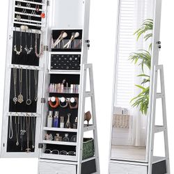 360° Swivel Jewelry Cabinet with Lights, Touch Screen Vanity Mirror, Rotatable Full Length Mirror with Jewelry Storage, Standing Jewelry Armoire Organ
