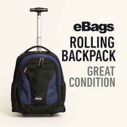 eBags Rolling Backpack EB2066-19W – Black/Blue – Telescoping Handle – Great Condition