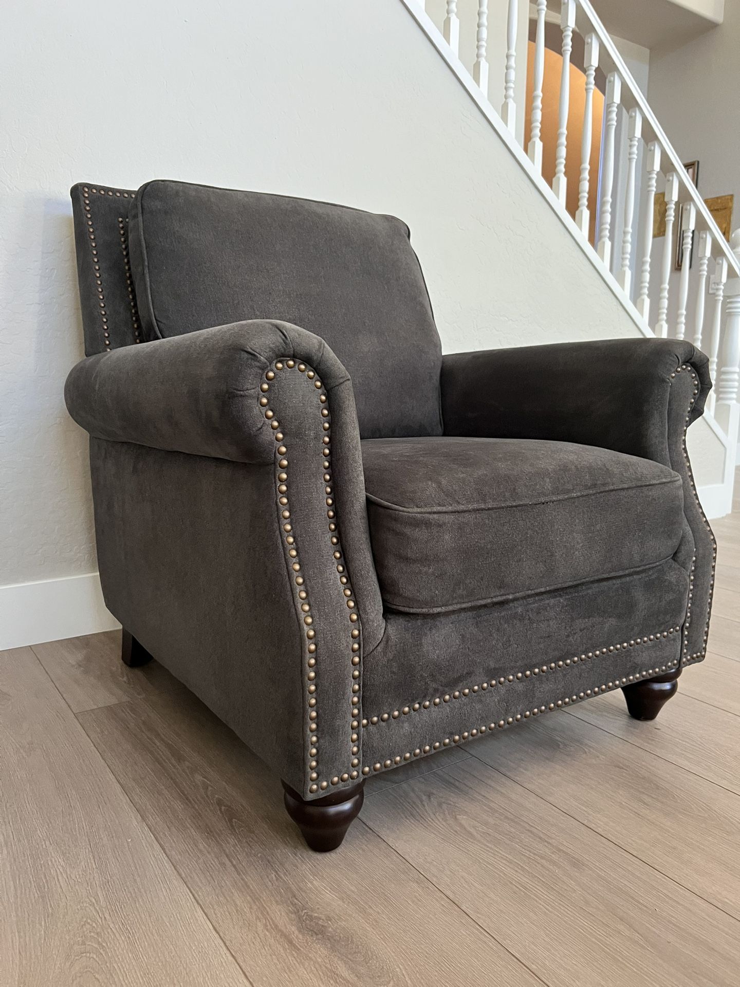 Grey Modern Upholstered Armchair With Brass Nailhead Trim Accent Chair with Wood Legs