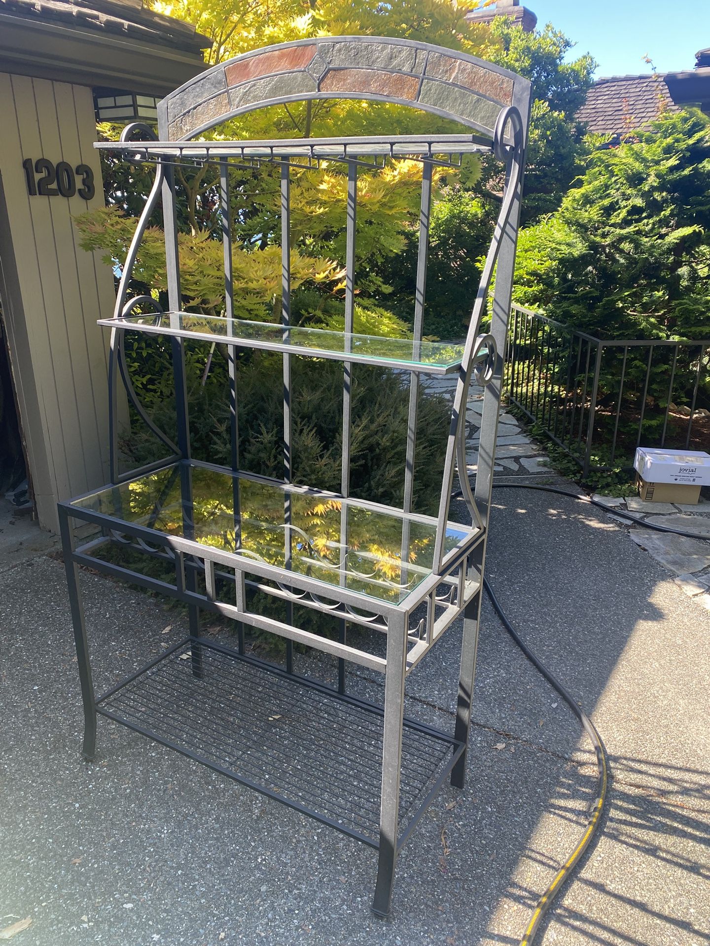 Vintage Baker Table Wine Rack Comb. . Sturdy Wrought Iron With Wire And Glass Shelves