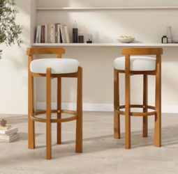 Elise Indoor Wooden Low Back Barstool, Walnut Finished and White Upholstery, Set of 2