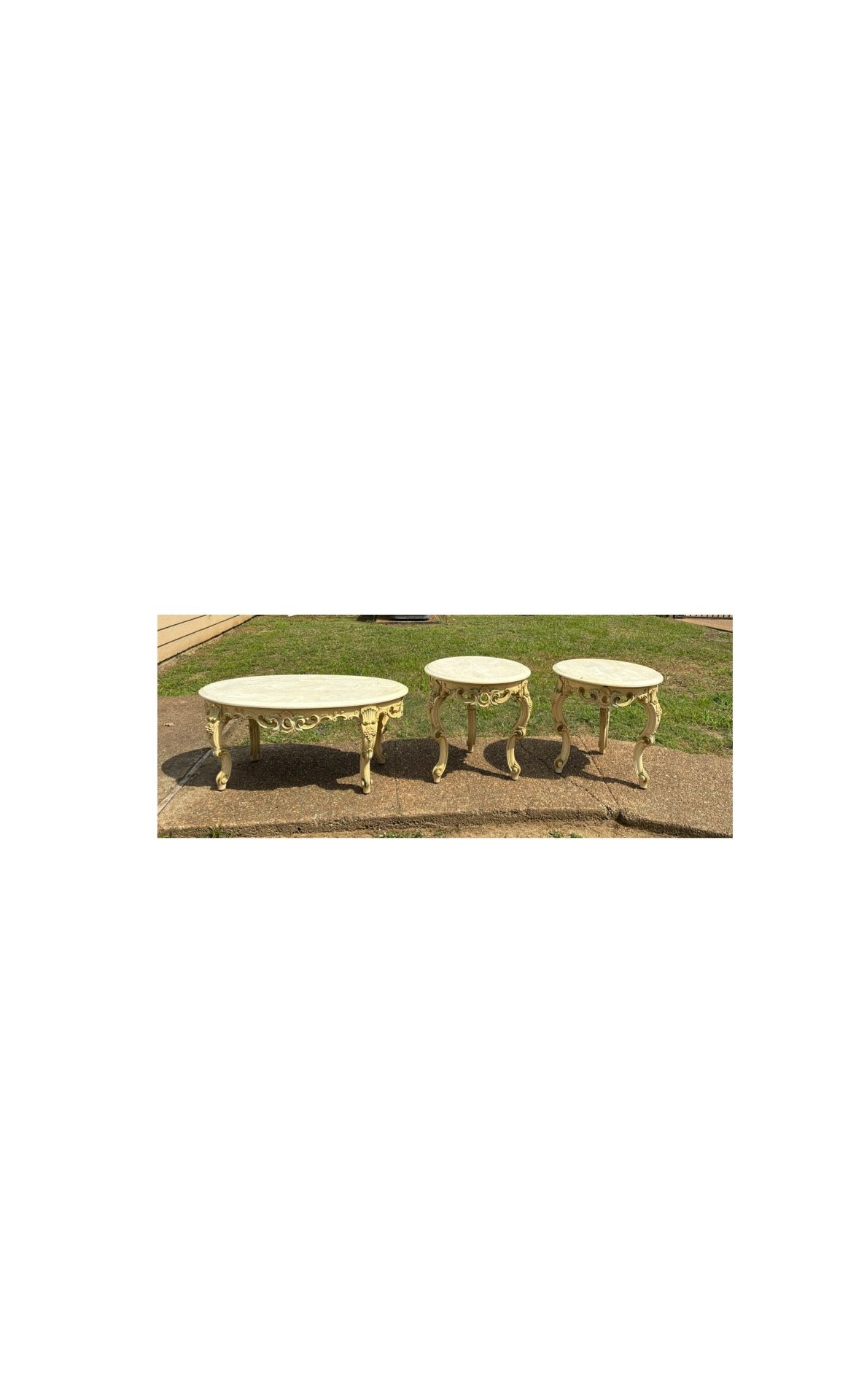 Antique Vintage 3 Pc Marble Top Coffee Table & 2 End Tables