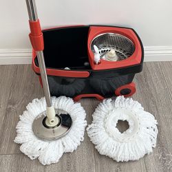 $25 (New) Deluxe black spin mop wheels and extended handle with 2x microfiber mop heads 