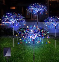 Outdoor Solar Garden Lights, 4 Pk 80 LED Copper Wire Waterproof Garden Fireworks Lamp with Remote, 8 Modes Decorative Sparkles Stake Landscape