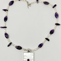 925 Silver Freshwater Pearl, Amethyst + Mother of Pearl 24" Pendant Necklace