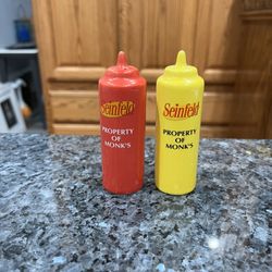 Vintage Seinfeld Ketchup and Mustard Bottle Ceramic Salt and Pepper Shakers 90’s.  Brand New Never Used 