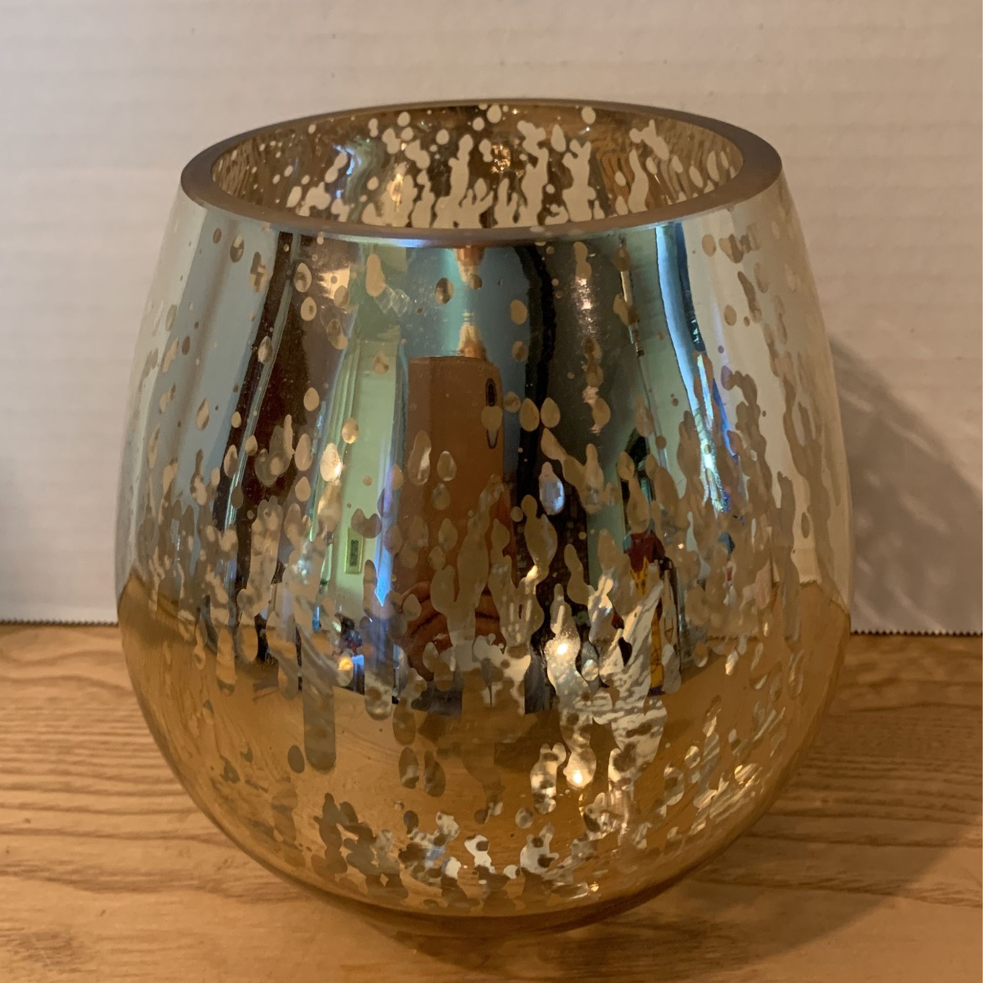 Mercury Glass Style Fish Bowl Candle Holder 7" Metalic Silver Tone Splatter Vase A18