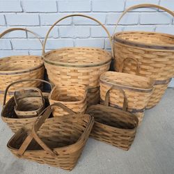 Set of 9 Vintage Longaberger Handwoven Baskets – Various Sizes – Signed & Dated – USA