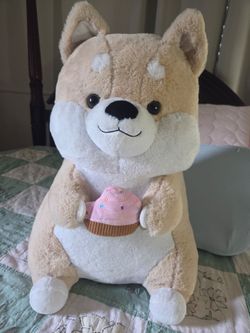 plush Shiba Inu (or Corgi) holding a pink cupcake with sprinkles 22 inches