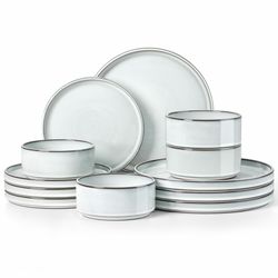 12 Pieces Stoneware Dinnerware Set For 4, Ceramic Dinner Dishware Sets For Home Kitchen, Plates And Bowls With Rustic Terracotta Bottom, Dishwasher & 