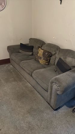 Gray Fabric Sofa with Nailhead Trim