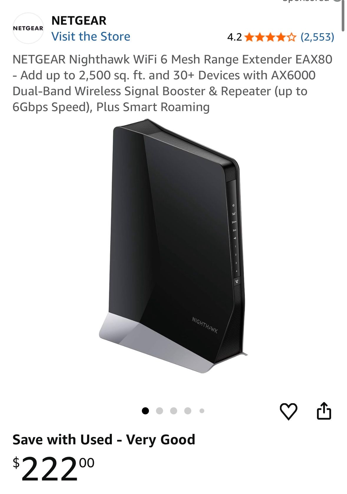 NETGEAR Nighthawk WiFi 6 Mesh Range Extender EAX80 - Add up to 2,500 sq. ft. and 30+ Devices with AX6000 Dual-Band Wireless Signal Booster & Repeater