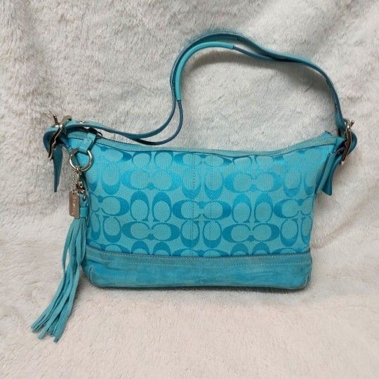 Coach Y2K Soho East West Turquoise Jacquard Suede Demi Shoulder