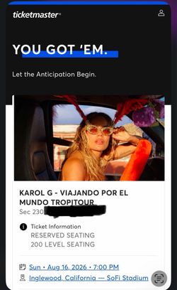 Karol G Viajando Por El Mundo Tropitour Ticket